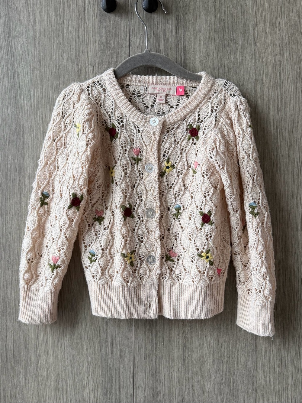 Pink Chicken Girl’s Cream Floral Embroidered Knit Cardigan Sweater
